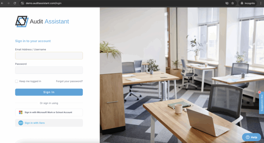 Audit Assistant login screen